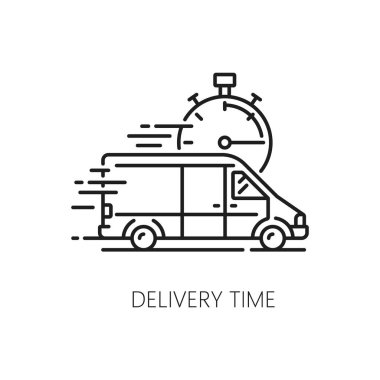 Sipariş taşıma hizmetinin lojistiği için zaman çizelgesi simgesi, vektör resim. Hızlı ulaşım hizmeti uygulaması için kronometresi olan kurye minibüsünün lojistik tedarik zinciri ve dağıtım uygulaması simgesi