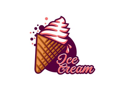 Gelato tatlısı ya da gelateria için waffle külahlı çikolatalı dondurma, vektör amblemi. İtalyan dondurmacısı ya da kafe menüsü için çikolatalı tatlı şuruplu gofret külahında yumuşak dondurma.