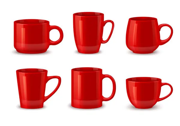Tazze Caffè Ceramica Rossa Modelli Tazza Stoviglie Realistiche Vettoriali Tazza — Vettoriale Stock