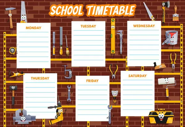 Education Timetable Schedule Cartoon Diy Repair Tools Characters School Student — Stock Vector