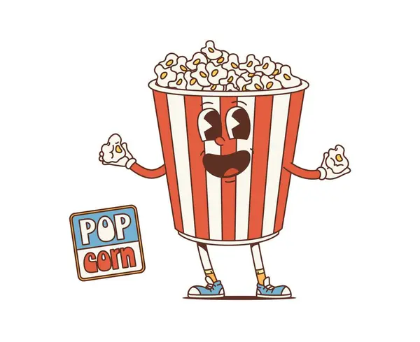 Cartoon Retro Movie Popcorn Bucket Groovy Character Isolated Vector Cheerful — Wektor stockowy