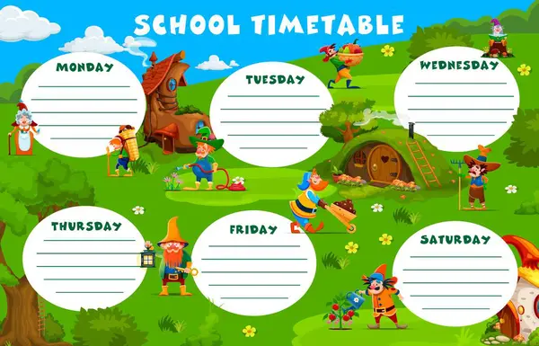 卡通花园侏儒人物形象 童话教育时间表 学习周时间表 带园矮人或仙女侏儒村人的每周进度规划员 图库插图