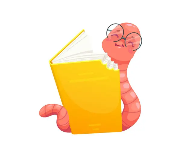 Cartoon Funny Bookworm Character Eating Book Vector Worm Glasses Happy Stockvektor