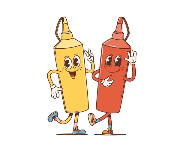 Cartoni Animati Retrò Senape Bottiglie Ketchup Personaggi Groovy Isolato Vettore Illustrazioni Stock Royalty Free