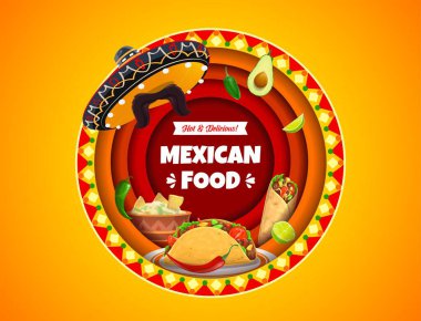 Meksika mutfağı kağıdı taco, burrito, sombrero şapkası ve biberli pankart. 3D vektör kıvamlı yuvarlak çerçeve ve teks meksika yemekleri, avokado, chili, limon ve guacamole soslu nachos.