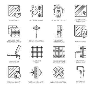 Duvar termal yalıtım ikonları. Ev duvarları, zemin ve çatı yalıtımı için mineral yünü ve aletler. Vektör hattı izole paneller, köpük tabanca ve kaya yünü rulo, ses geçirmez paspaslar ve pist