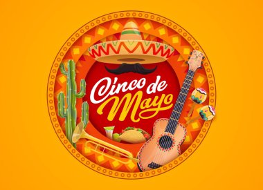 Cinco de Mayo kağıdı Meksika bayram afişini sombrero ve gitarla kesmiş. Meksika Cinco de Mayo şenliği mariachi müzik marakaları ve trompet, kaktüs, taco ve tekila ile kutlanıyor.