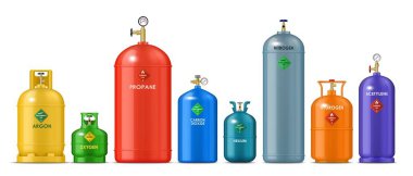 Gerçekçi gaz metal silindirleri, tank şişeleri veya oksijen, propan ve hidrojen kapları, vektör LPG kutuları. Argon, helyum ve nitrojen içeren sıkıştırılmış gaz depolama silindirlerinin gerçekçi varilleri