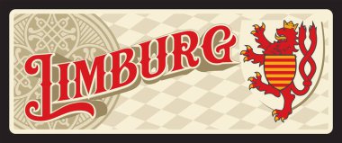Limburg Belçika bölgesi Belçika retro seyahat plakası, vektör. Belçika şehri teneke levhası ve metal plaka ya da bagaj etiketi ile Belçika Heraldik elementi ve turizm turizmi, aslan arması
