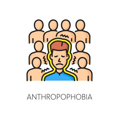 Zihinsel anksiyete ya da fobi, antorofobi insan psikolojisi problemi renk ikonunu özetliyor. Zihinsel bozukluk, antorofobi ya da korku problemi ince çizgi vektör sembolü ya da kalabalıktan korkan bir adamın ikonu.