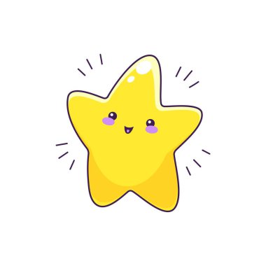 Komik kawaii yıldız karakteri ya da mutlu gülümseyen yüzü ve parlak sarı ışıklarıyla gökyüzünde parlayan küçük ışıldayan vektör şahsiyet. Sevimli parıldayan yıldız simgesi, uzay emojisi veya göksel karakter