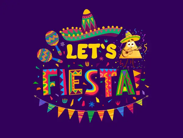 Let Fiesta Mexican Quote Vector Colorful Lettering Print Cartoon Nachos — Stock Vector