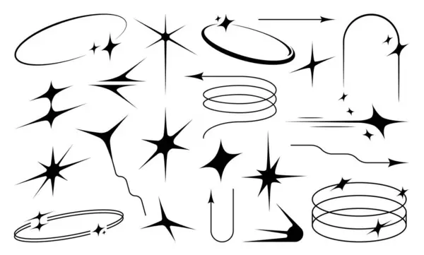 Eléments Esthétiques Y2K Étoiles Espace Figures Scintillantes Étincelles Vectorielles Linéaires — Image vectorielle