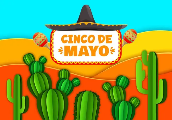 Mexican Desert Cacti Paper Cut Landscape Cinco Mayo Holiday Vector Stock Illustration