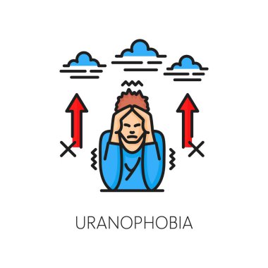 Uranofobi, akıl sağlığı ya da anksiyete renk ikonu. İnsan psikolojisi problemi, zihinsel bozukluk ya da cennet korkusu problem ana hatları vektör işareti ya da stresli ve endişeli bir adamla resim çizimi