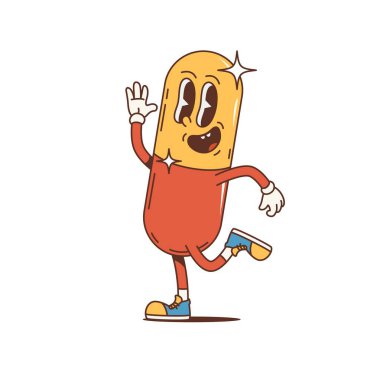 70 'lerin modası geçmiş çizgi film karakterleri garip suratlı, vektör komik sanatlı hippi karakterleri. Kaktüs ilacı, aptal gülüşlü dans, 70 'lerin hippi ya da garip hipster çizgi film emojisi karakteri.