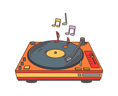 Retro moda vinil müzik çalar veya 70 'lerin hippi sembolü, çizgi film vektörü. Gökkuşağı notları, funky hippi ve 70 'ler stili karikatür sanat öğeleri olan harika vinil disk oynatıcı hipster funky sticker için
