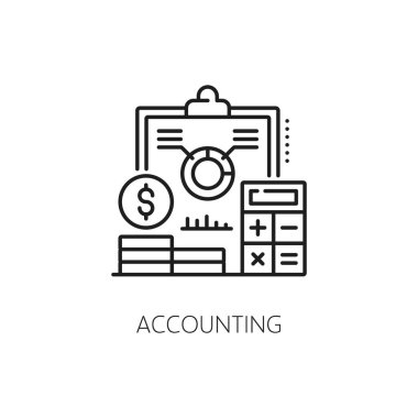 Mali analiz, bütçe ve vergi gelirleri için muhasebe ikonu, hat vektörü. Para ve hesap makinesinin şirket veya bankacılık işletme sembolünde finansal analiz için finans yönetimi ve muhasebe simgesi