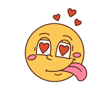 Havalı hippi sevimli yüz, kalplere aşık gülümseme, vektör retro çizgi film. 70 'lerin modası geçmiş komik emoji gülüşü ya da hipnotize olmuş aşk kalpleri ve dili Sevgililer Günü ya da düğün için açılmış ifade.