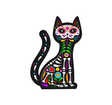 Meksika Ölüler Günü, dövme için kafatası şekeri olan kedi hayvan, vektör sembolü. Dia de Los Muertos bayramı ya da Meksika fiesta kedi dövmesi Kafatası ve iskelet kemikli Meksika çiçek süsü