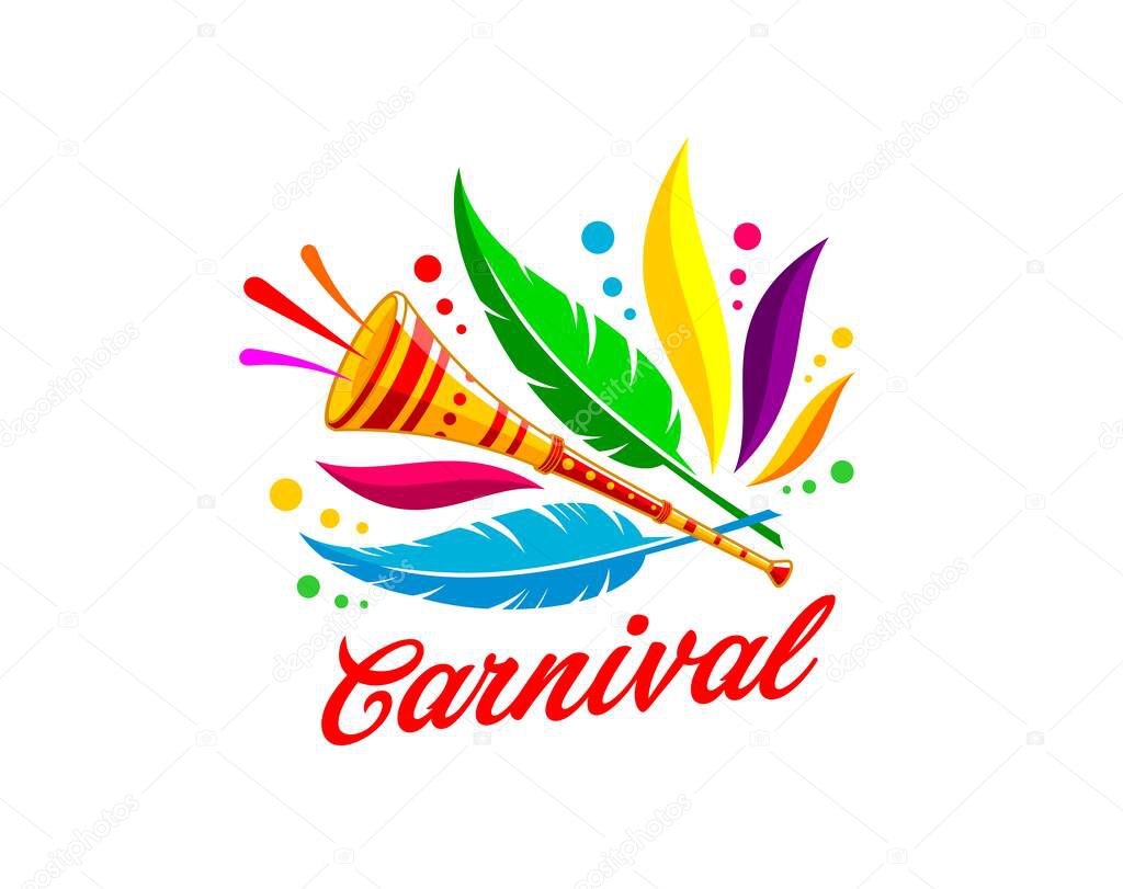 Brazil carnival party icon, entertainment event. Isolated vector vibrant emblem, features a burst of colorful feathers and pipe instrument, encapsulating the spirit of festivity and joy of Rio holiday