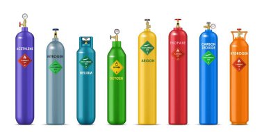 Hidrojen, oksijen, propan ve asetilen sıkıştırılmış gaz, vektör metal balonlardan oluşan gerçekçi gaz silindirleri. Helyum, argon, karbondioksit ve azot etiketli LPG kutuları veya gaz depolama varilleri