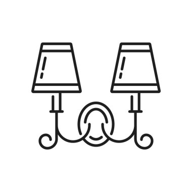 Lamba veya duvar lambası simgesi, aydınlatma ve aydınlatma için klasik fener, dış hat vektörü. Yatak odası ya da evin içi için ampul ve abajur ile dekore edilmiş duvar şamdanı ya da gece lambası