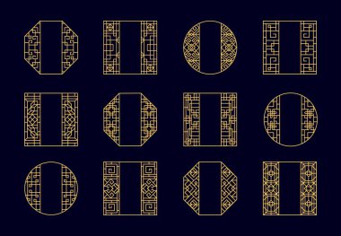 Asyalı, Koreli ve Japon altın desenli çerçeveler. Geleneksel doğudaki altın çizgiler süslemesi. Geometrik desenli altın kafes kenarlı yuvarlak ve kare Asyalı çerçeveler