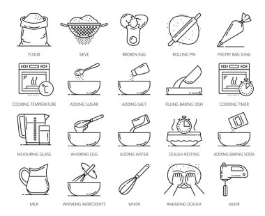 Ev yapımı fırın ve pasta ikonları, yemek simgeleri ve yemek tarifi hazırlama için vektör resimtogramı. Ev yapımı ekmek hamuru veya fırın hamur işi ve un gıda malzemeleri ve ev yapımı pişirme süreci için talimatlar