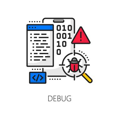 Cep telefonu uygulaması geliştirme ve hata ayıklama, mobil yazılım kodlaması, web uygulaması optimizasyon ana hatları simgesi. Uygulama geliştirme ve cep telefonlu doğrusal vektör simgesi, ikili kod ve hata testi
