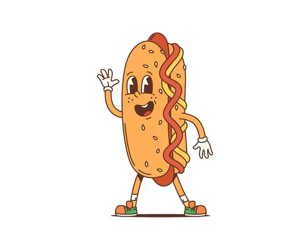 Cartone Animato Retrò Personaggio Hot Dog Groovy Funky Fast Food Vettoriali Stock Royalty Free