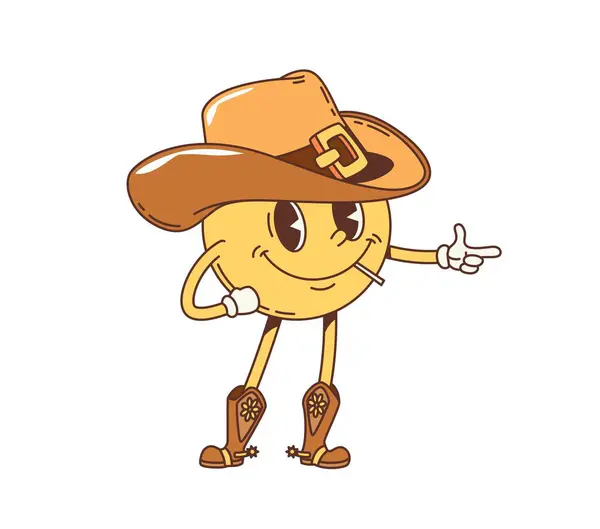 Cartoon Western Cowboy Smile Groovy Character Retro Funny Emoticon Vector Stock Illustration