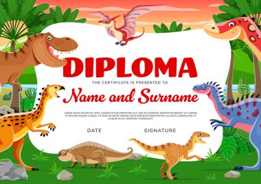Komik dinozor sürüngen karakterli çocuk diploması vektör eğitim sertifikası. Anaokulu diploması veya sertifika ödülü için T-rex dinozor ve pterodactyl ile sevimli Jurassic dino