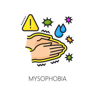 Mysophobia psychology problem, phobia or anxiety, mental health thin line color icon. Fear problem, people psychology or phobia mental disorder linear vector pictogram with human hands and microbes clipart