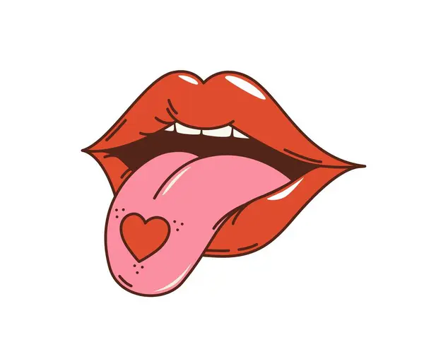Cartoon Retro Groovy Hippie Love Lips Tongue Out Heart Vector — Stok Vektör