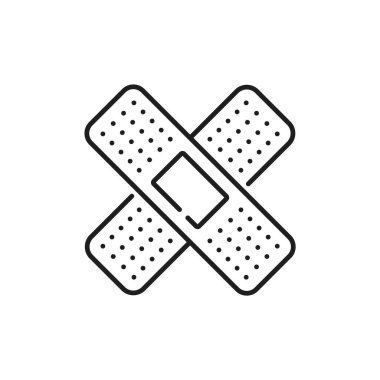 Eczane tıbbi yaması ince çizgi ikonu ya da sembol. İlaç tedavisi, eczane ürünü veya eczane yardımı doğrusal vektör sembolü. İlaç, sağlık hizmeti ana hatları çizelgesi ya da çapraz yamalı imza