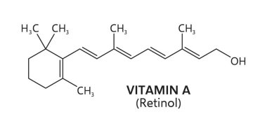 A vitamini formülü, retinol moleküler bileşiklerinin kimyasal yapısı. Vektör hattı retinoid molekül iskelet formülü, kimya bilimi, tıp, eğitim teması. A vitamini takviye formülü.