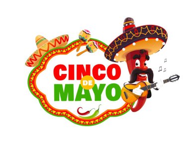 Cinco De Mayo afişi, Meksika kırmızı biberli mariachi karakteri, çizgi film vektörü. Meksika bayramı Cinco De Mayo selamı, bıyıklı biber fiesta için marakalarla gitar çalıyor.