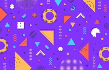 Mor menekşe hipster Memphis model arka plan vektör soyut geometrik şekiller. Modern ya da retro Memphis Memphis deseni minimal çizgi figürleri ve yarım tonlu noktalar ve üçgenlerin geometrik elementleri