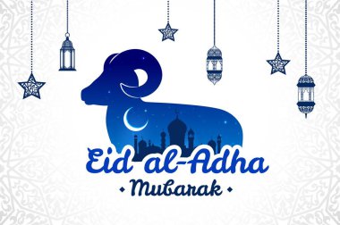 Kurban Bayramı Mübarek ve Ramazan Kareem 'in Müslüman bayramları için koyunlu taşıyıcı pankartı. Kurban Bayramı Mübarek cami silueti ve hilal ay, yıldızlar ve Arap fenerleri süsüsüyle selamlıyor