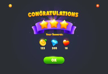 İkramiyeler ve özet, vektör UI veya GUI ögesiyle oyun ödül ekranı elde edildi. Oyun seviyesi tamamlanmış tebrik ve başarı ödülleri yaşam kalbi ve arayüz ekranı için altın sikkeler