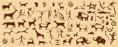 Tarih öncesi mağara resimleri, kaya duvarındaki antik sanat eserleri. Mağara adamı resimli taş vektör arkaplan, avcıların, kabile insanlarının ve hayvanların ilkel kahverengi sembolleri, geyikler, mamutlar, mızraklar ve ateş