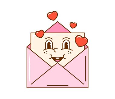 Karikatür, karikatür, sevgililer günü pembe kalpli aşk mektubu karakteri. Sevgililer Günü romantik mektubu ya da garip suratlı sevimli kağıt çarşaflı mesaj vektör kişiliği. Retro Sevgililer Günü kartı simgesi