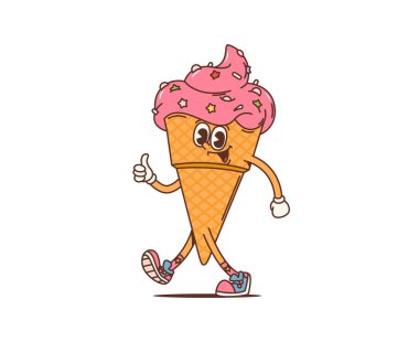 Çizgi film retro dondurma külahlı harika karakter ya da komik dondurma tatlı, vektör komedi kişiliği. 70 'lerin hippi ya da hippi sanatı, komik fast food karakteri.