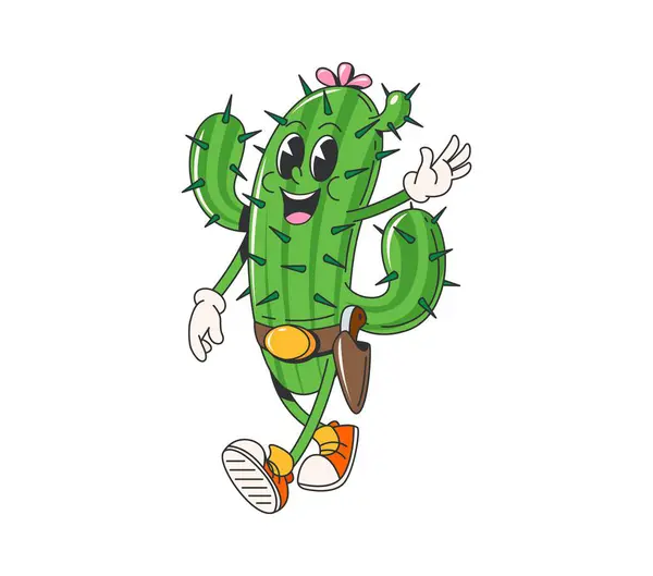 Cartoon Retro Groovy Wild West Cacti Character Isolated Vector Spiky — Stock Vector