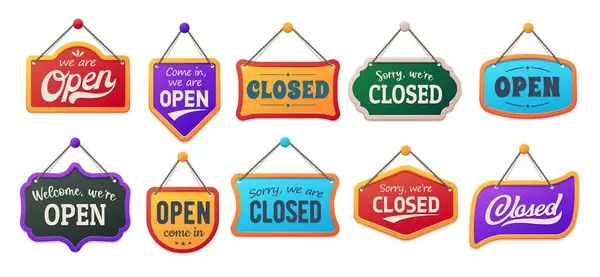 Open Closed Board Signs Shop Notice Signboards Store Door Vector — Vettoriale Stock