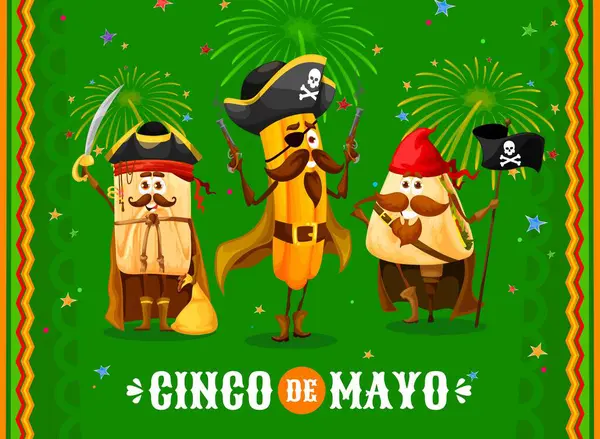 Banner Vacaciones Cinco Mayo Con Personajes Piratas Cocina Mexicana Tex — Archivo Imágenes Vectoriales