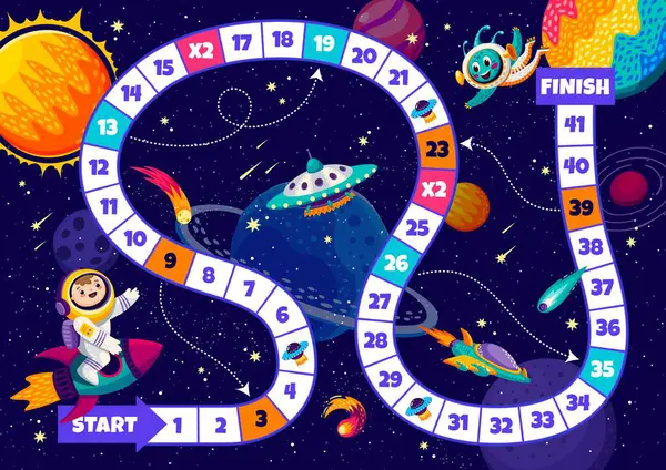 Crianças Jogo Passo Tabuleiro Com Criança Astronauta Planetas Espaciais Folha Ilustrações De Stock Royalty-Free
