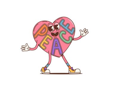 Karikatür, barışçıl kalbi olan, kolları açık, harika bir karakter. Sevimli gülümseyen yüzü ve komik renkli ayakkabıları olan klasik, mutlu bir vektör kişiliği. Barış sözcüğüyle pembe kalpli psikedelik hippi emojisi