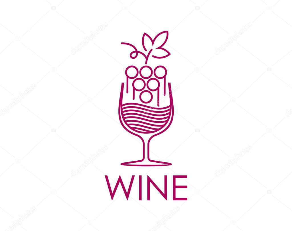 Grape wine icon of wineglass for winery and winemaking, vector symbol. Wine glass with grape vine icon for vineyard or bottle product label of alcohol drink and wine beverage company sign